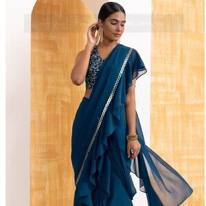 Indya Teal Pre-Ruffled Saree (without blouse) NWT